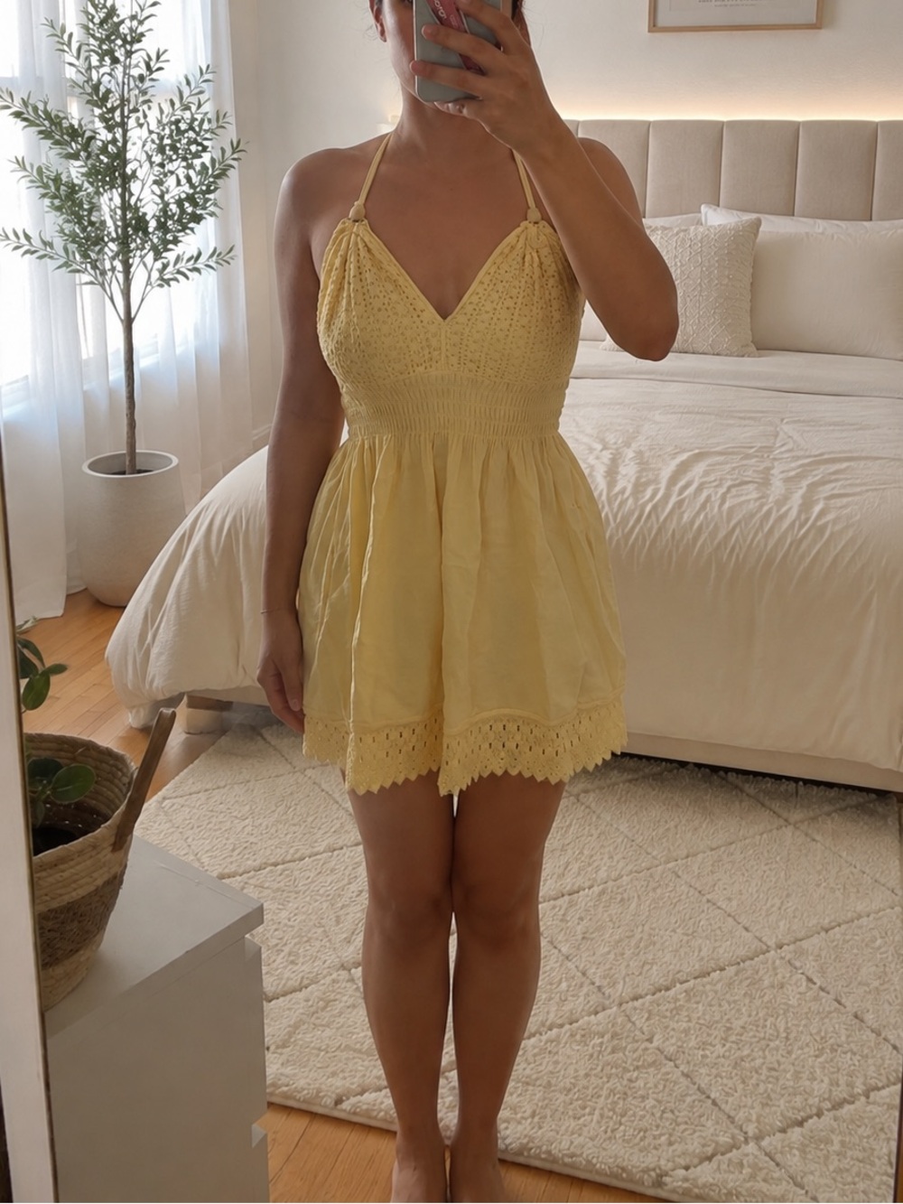 Smocked Halter Mini Dress in Soft Yellow